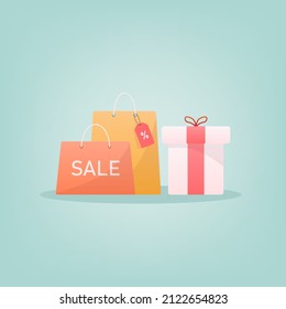 vector illustration, packages with purchases in the store. the concept of a sale, a promotion in a store, a profitable marketing offer. shopping and gift box on light blue background