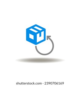 Vector illustration of packaging box or parcel with round arrow. Icon of return policy. Symbol of delivery back.