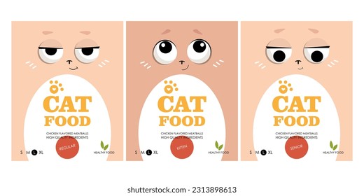 Vector illustration. Packaging design for cat food. Food for kittens, cats, healthy food, nutrition, veterinarian, cats, cute cats. Bright packaging, modern design, cartoon cats.