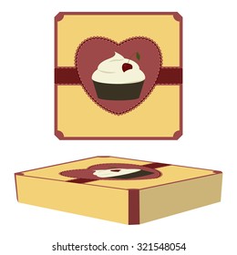 Vector illustration of packaging design with cupcake. Isolated yellow box with a picture of cherry cupcake: a top view and a perspective.