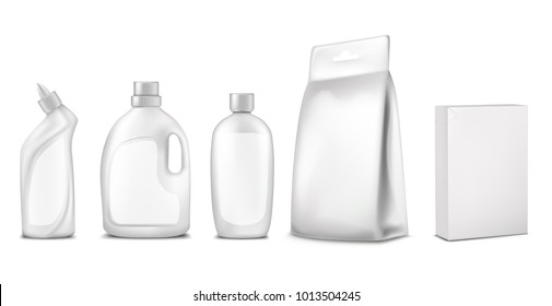 Vector illustration of packaging, package design. White bottle, sachet, box, container for cleaning agent, liquid laundry detergent Concept for advertising promotion, mock up