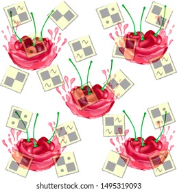 vector illustration for packaging paper with realistic cherry and splash of juice.