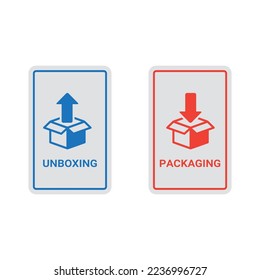 vector illustration of packaging and unpacking sign label, with box design marked with arrow lines.