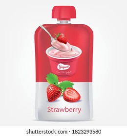 Ilustración vectorial. Yogur envasado con fresa.