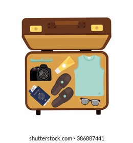 Vector illustration packed suitcase for summer holiday top view. Travel luggage. Traveler packing.