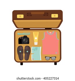 Vector illustration packed suitcase for summer holiday top view. Travel luggage. Traveler packing.