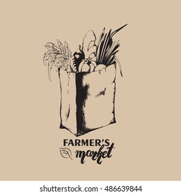 Vector illustration of packet with organic healthy food   in hand drawn sketch style. Vector template for business card banner poster flyer.