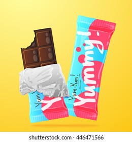 Vector illustration. Packing chocolate bar ice cream. Use in design for decorating posters, pages ...