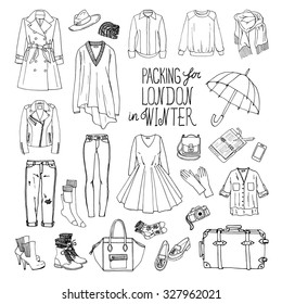 Vector illustration of packing for London in winter. Sketch of clothes and accessories for design. Black and white woman fashion collection set. Winter travel luggage.