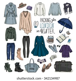 Vector Illustration Of Packing For London In Winter. Sketch Of Clothes And Accessories For Design. Female Fashion Collection Set. Winter Travel Luggage.