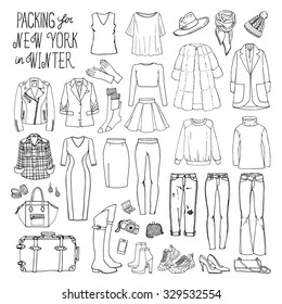 Vector illustration of packing for New York in winter. Sketch of clothes and accessories for design. Black and white woman fashion collection set. Winter travel luggage.