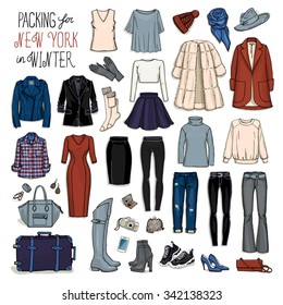 Vector Illustration Of Packing For New York In Winter. Sketch Of Clothes And Accessories For Design. Female Fashion Collection Set. Winter Travel Luggage.