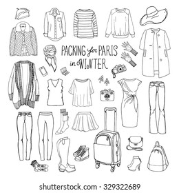 Vector Illustration Of Packing For Paris In Winter. Sketch Of Clothes And Accessories For Design. Black And White Woman Fashion Collection Set. Winter Travel Luggage.