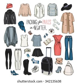 Vector illustration of packing for Paris in winter. Sketch of clothes and accessories for design. Female fashion collection set. Winter travel luggage.