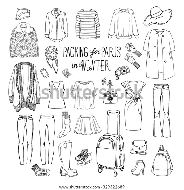冬のパリの荷造りのベクターイラスト デザイン用の服やアクセサリーのスケッチ 白黒の女性ファッションコレクションセット 冬の旅行手荷物 のベクター画像素材 ロイヤリティフリー