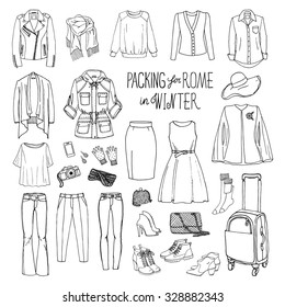 Vector illustration of packing for Rome in winter. Sketch of clothes and accessories for design. Black and white woman fashion collection set. Winter travel luggage.