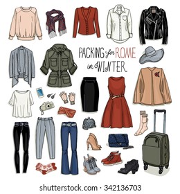 Ilustración vectorial del embalaje para Roma en invierno. Esbozo de ropa y accesorios para el diseño. Colección de moda femenina. Equipaje para viajes de invierno.