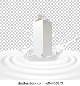 Vector illustration of a packing of tetra pack with milk standing in the center of a dairy splash. Template advertising poster in a realistic style for natural high-quality milk