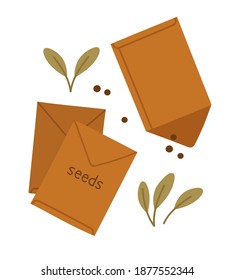 Vector illustration of packs of seeds, seeds and seedlings isolated on a white background. Concept of healthy eating, springtime gardening, farming. Hand-drawn set in flat style.