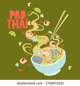 Vector illustration. Pad thai bowl street food