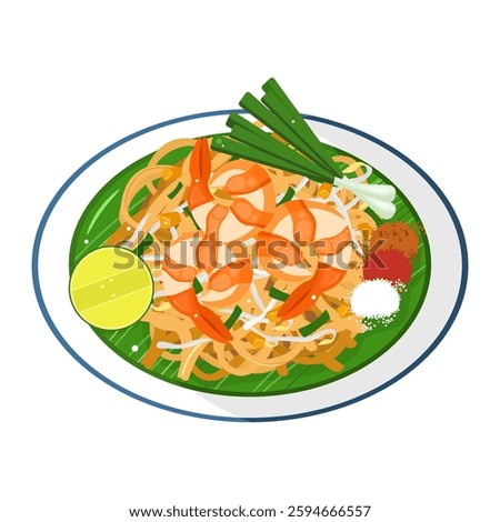 A vector illustration of Pad Thai, a popular Thai noodle dish, served on a round plate with fresh ingredients. This image captures the essence of this flavorful and iconic Thai street food.
