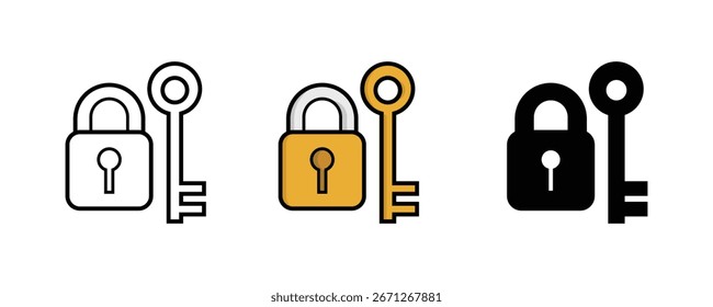 Ilustración vectorial de candado e icono de llave en el contorno, color y estilo de silueta