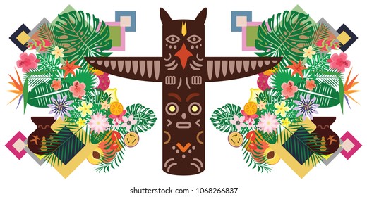 vector illustration of pagan talisman and exotic tropical plants for indigenous tribal decorative banners