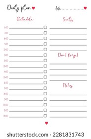 Vector illustration of page for daily plan. Cute planner for women or girls