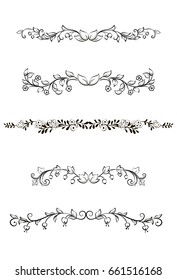 Vector illustration. Page dividers. Scrolls and curls, isolated objects for design. Set of ornamental line. Vintage tracery