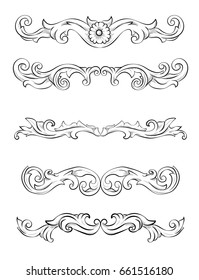 Vector illustration. Page dividers. Scrolls and curls. Set of ornamental line. Vintage tracery