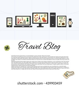 vector illustration / page layout for travel blog or touristic agency / different devices computer laptop tablet mobile phone with travel destinations and symbols on the desktop