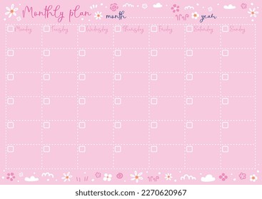 Ilustración vectorial de la página para plan mensual con patrón de primavera en fondo rosa. Planificador adecuado para mujeres o niñas