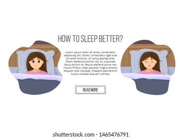 Vector illustration of page site in flat cartoon style with sad sleepless woman and sleeping girl in bed. Female insomniac trying to fall asleep. Problem of sleeplessness, nightmares, sleep disorder.