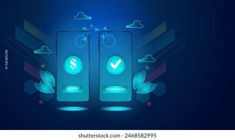 Vector illustration. paid sign digital wallet, money transfer in display mobile like financial freedom. 