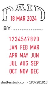 Vector illustration of the Paid stamp and editable dates (day, month and year) in ink stamps