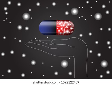 Vector illustration of pain capsule. Realistic tablet for pain of red and blue in space.