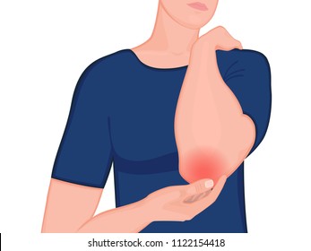 Vektorgrafik eines Schmerzes in einem Ellenbogen-Gelenk. Ein Mensch hält seinen Ellbogen. Vorderseite. Für Werbung und medizinische Publikationen. EPS10.