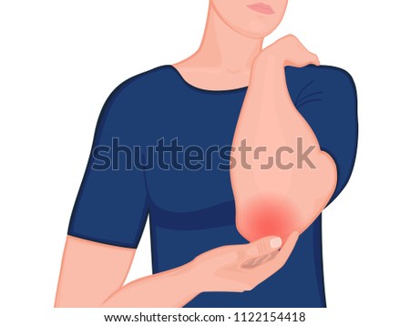 Vector illustration of a pain in an elbow joint. A human is holding his elbow. Front view. For advertising and medical publications. EPS 10.