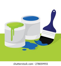 A vector illustration of paint brush and paint cans ready for a paint job.