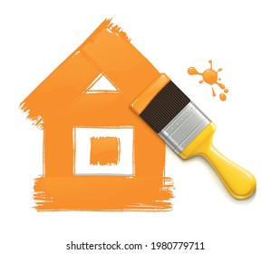 Vector illustration of a paint brush drawing a house.