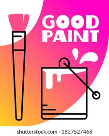 Ilustración vectorial de un cubo de pintura y un pincel con texto