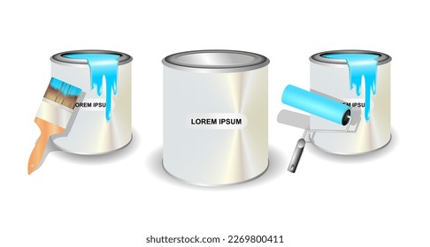 Ilustración vectorial de una lata de pintura, pincel y rodillo de pintura sobre un fondo blanco, plantilla lista.