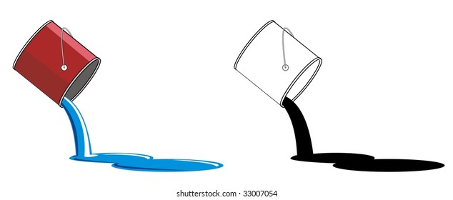 Vector illustration of paint cans with paint pouring out in a spill.  Color and black and white ideal for digital stamp, decal and more