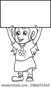 Vector illustration to paint of a girl holding a sign above her head, the sign has space to write a message.