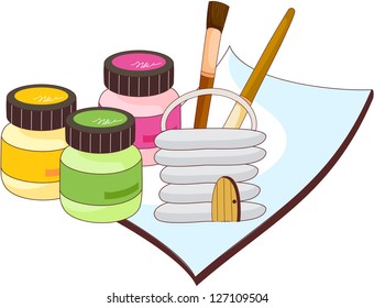 A vector illustration of paint jars and brushes