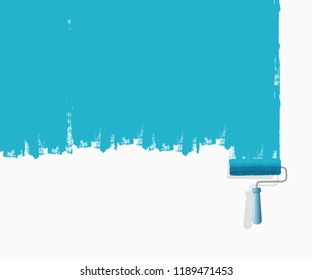 Vector illustration of paint roller brush with blue paint and painted wall texture. 