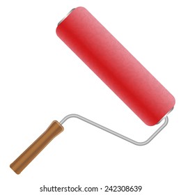 Vector illustration of paint roller brush. with red paint and wooden handle. isolated on white background