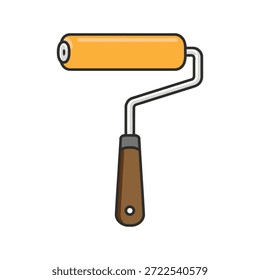 Icono de rodillo de pintura de Ilustración vectorial con rodillo amarillo, marco de metal y mango de madera marrón. Ilustración vectorial limpia para pintar, mejoras para el hogar, renovación, bricolaje y conceptos de herramientas.