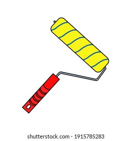 Vector illustration paint roller of yellow with blue stripe isolated on white background. Hand tool.