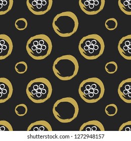 Vector illustration with paint texture, hand drawn gold circle and silver flowers . Seamless pattern . Vector.